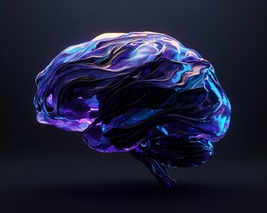 A brain design that appears to be made from flowing, liquid-like colors in deep purples, blues, and blacks, with hints of neon made with Ai
