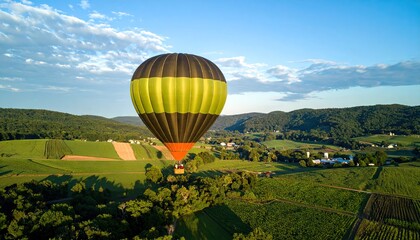 Naklejka premium Black Yellow Hot Air Balloon Over Green Farmland