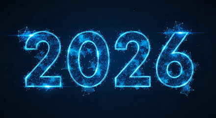 Futuristic glowing 2026 numbers illuminate digital network, signaling innovation and future progress.