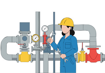 A female engineer maintains fuel flow, adjusting valves with a wrench. Industrial setting, clear composition, bright colors. Focus on reliability and maintenance.