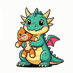 Fototapeta premium Cute cartoon baby dragon holding a small teddy bear toy isolated on white background.