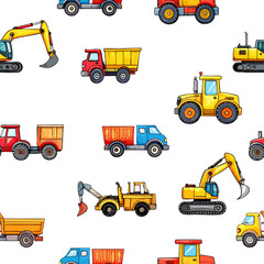 Seamless cartoon pattern of colorful construction vehicles including excavators, dump trucks, and bulldozers. Perfect for kids&rsquo; products, transportation themes, or playful industrial designs.