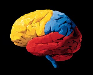A brain with bright, bold, flat colors in a pop-art style, with sections in solid blocks of yellow, red, and blue made with Ai