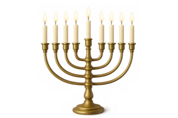 Golden menorah with burning candles on transparent background celebrating hanukkah, a jewish holiday festival of light and faith