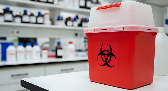 Red biohazard container with symbol sits on lab bench near scientific equipment and supplies