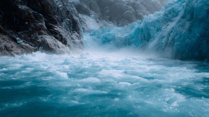Obraz premium A majestic blue glacier calves into turbulent turquoise ocean water surrounded by rocky cliffs