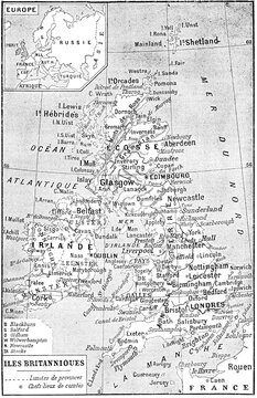 This historical map displays the British Isles, featuring major cities like London, Glasgow, and Belfast along with surrounding regions and landmarks, old vintage illustration, 1897