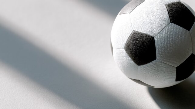 Close-up of a soccer ball. the ball is spherical in shape and has a black and white striped pattern on its surface.