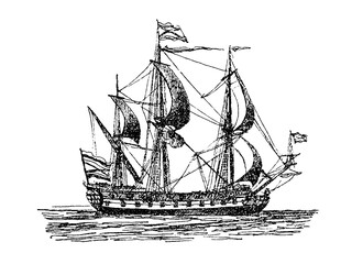 A warship of the Russian Navy of the 18th century, old vintage illustration, 1879 © Timofeeff