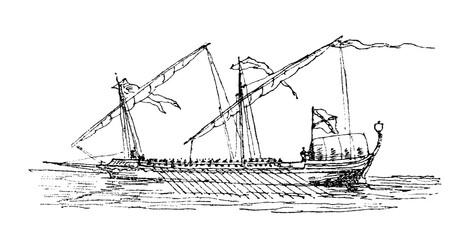 18th century military galley, old vintage illustration, 1879