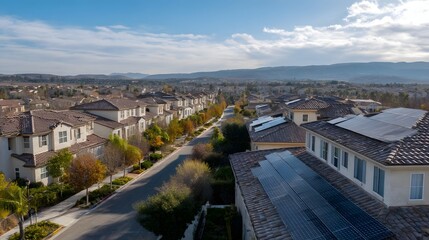 Fototapeta premium Aerial view of a sunlit suburban neighborhood featuring houses with solar panels on their tiled rooftops