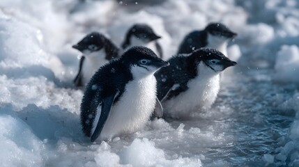 Adorable baby penguins huddle together on a melting ice floe surrounded by shallow pools of water in a cold polar environment