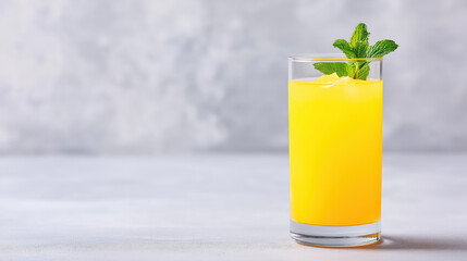 Fresh orange juice in glass with ice and mint leaf refreshing summer drink