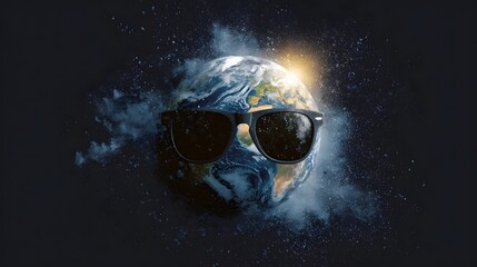 Fototapeta premium Planet Earth wearing sunglasses with a bright sun and cosmic explosion