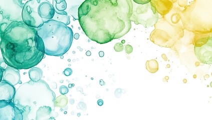 A background with watercolor bubbles in various shades of green, blue, and yellow, floating on an isolated white canvas. The bubbles should have soft edges and appear to be rising