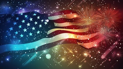A beautiful illustration of an American flag waving in the wind, with fireworks lighting up the night sky behind it.
