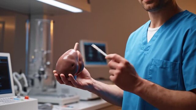 Adrenal Gland Model Presented by a Male Doctor in Blue Scrubs with Medical Equipment in a Clinical Setting Pointing with a Tool Demonstrating Medical Knowledge During Ward Round Examination