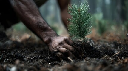 Hands carefully plant a young pine sapling into fertile soil promoting reforestation and natural growth