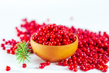 Ripe shiny lingonberries  on white background.