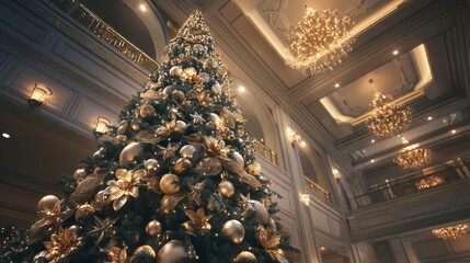 ホテルのロビーに飾られた豪華なクリスマスツリーと華やかなホリデー装飾