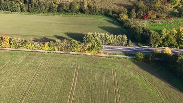 Drone View: Die Geometrie einer Stra&szlig;e und landwirtschaftlich genutzter Fl&auml;chen