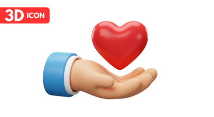 3d hand holding red heart icon on white PNG