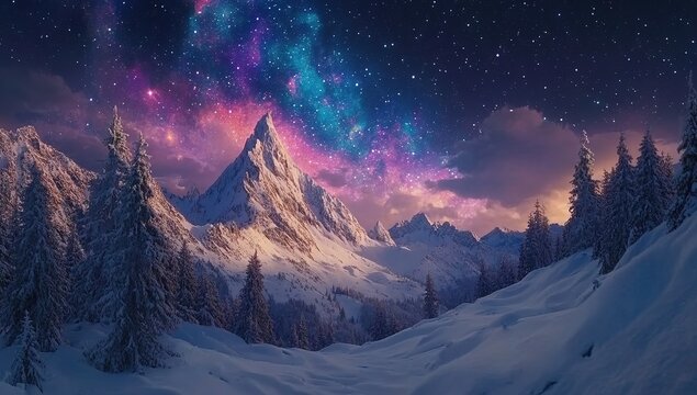 A beautiful snow-covered landscape with tall mountains in the background, surrounded by lush pine trees and colorful stars twinkling above