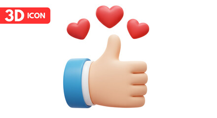 3d thumbs up hand with hearts for social media PNG