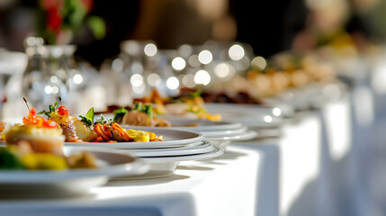 Elegant buffet line with plated appetizers, ideal for weddings, banquets, or upscale events, offering a visually appealing and delectable culinary experience. #catering #eventfood