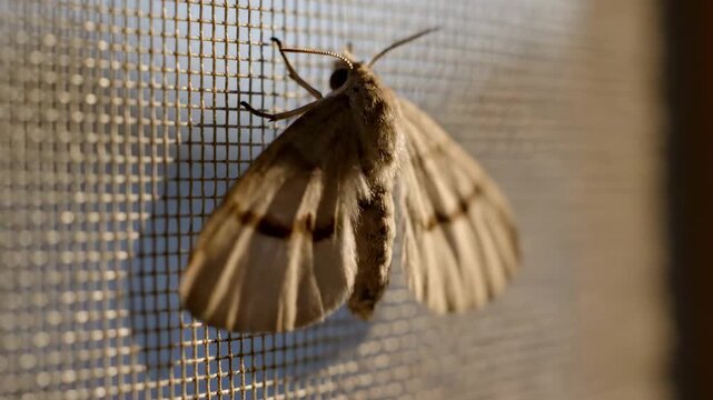 moth wing - A close-up view of a moth resting on a mesh screen, showcasing its delicate wings and fine details, illuminated by soft natural light, creating an intimate perspective of this insect