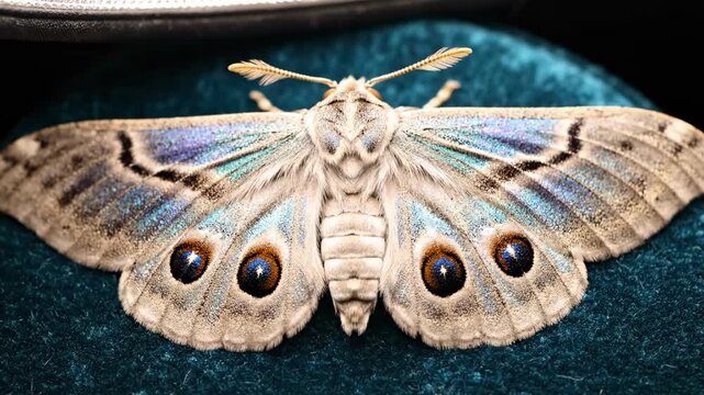 moth wing - A close-up view of a striking moth displaying iridescent blue and cream-colored wings adorned with vibrant blue eye spots, resting on a soft green textile background