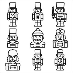 Fototapeta premium Nutcracker Doll Icons, Christmas Soldier Vector, Bold Outline Set