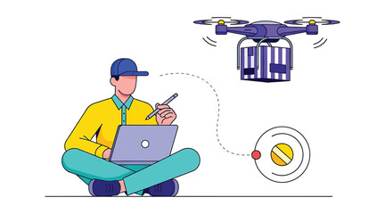 Vector art of a man using a laptop and a drone delivering a package illustrates drone delivery, ecommerce, and modern logistics solutions