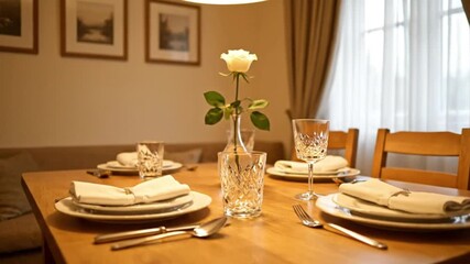 An elegant dining table is beautifully set with a white rose centerpiece and crystal glasses. - Powered by Adobe