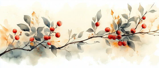 Delicate watercolor painting of red berries on a branch with soft background
