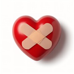 Red heart with bandage isolated on white background, symbolizing healing, recovery, and emotional repair