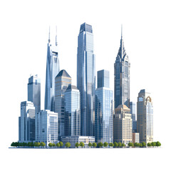 Fototapeta premium Blue Glass Skyscrapers Cityscape on Transparent Background, 3D Realism Design Element