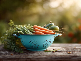 Freshly harvested vegetables in a vintage colander, bathed in sunlight. Captures the essence of healthy eating and farmtotable lifestyle. Perfect for food blogs or recipe sites.