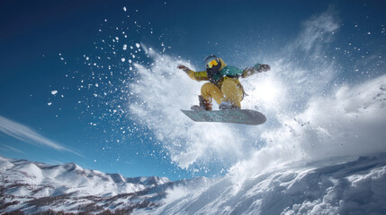 雪山を飛び越えるスノーボーダーのダイナミックなジャンプアクション