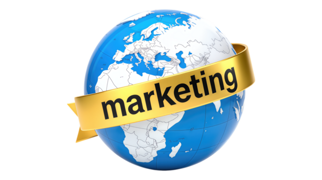 Blue Globe with "Marketing" Banner, Transparent Background, 3D Realism Design Element