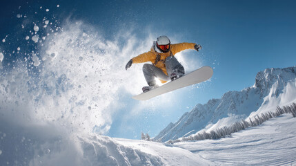 雪山を飛び越えるスノーボーダーのダイナミックなジャンプアクション