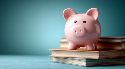 Clean and clever concept shot of a pink piggy bank sitting on top of a stack of books. The background is a solid, soft turquoise color, representing saving for education.