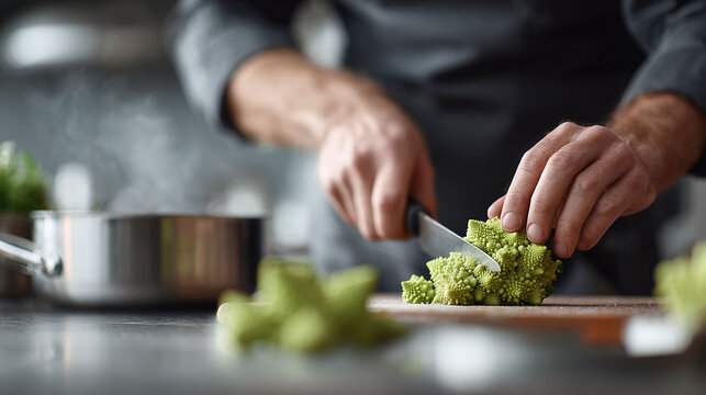 Closeup of a chef preparing fresh Romanesco broccoli. Concept healthy eating, cooking skills, gourmet cuisine. Ideal for blogs, recipes, and foodrelated projects.