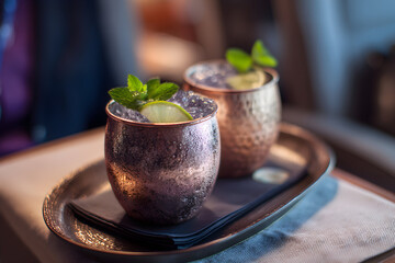 Elegant Refreshment: Two gleaming copper mugs, filled with an alluring beverage adorned with mint leaves and lime slices, offer a taste of refined relaxation.