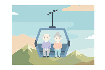 Happy elderly couple enjoying mountain view from a cable car symbolizing travel and retirement