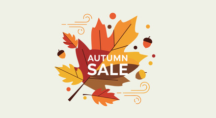 Obraz premium Autumn Sale vector illustration with colorful fall leaves acorns and wind elements