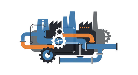Complex industrial process illustration with pipes gears and factories