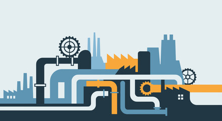 Abstract industrial illustration factory silhouettes pipes and gears