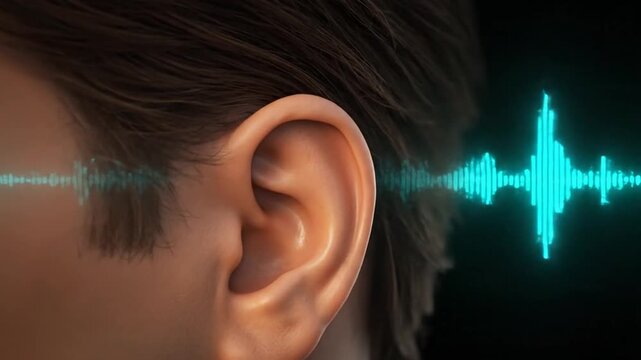 Close Up of Human Ear with Soundwave Visualization in Turquoise Blue Gradient on Dark Background Demonstrating Auditory Perception and Acoustic Technology for Healthcare Promotion