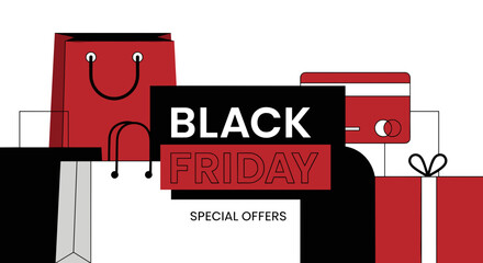 Black Friday sales banner illustration with shopping bags credit card and special offers text